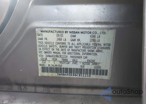 2006 Nissan Maxima 3.5 Se z USA, uszkodzony, nr VIN 1N4BA41E86C811114